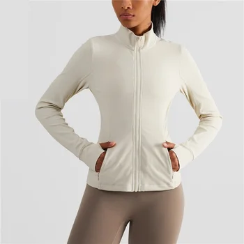 Однотонная Женская спортивная куртка в рубчик для Фитнеса, топ для Всесторонней подготовки, Пальто для йоги на молнии с Длинным рукавом, воротник-стойка, карман для ветрозащиты