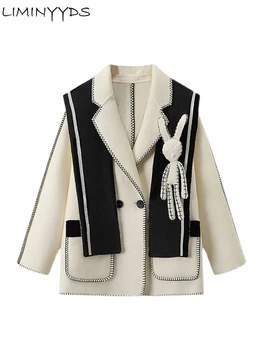 Винтажное шерстяное пальто, теплая верхняя одежда, Женское Двубортное пальто с длинным рукавом и шикарным милым кроликом, Свободное длинное пальто 2023, Новинка осени Зимы