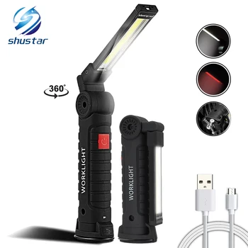 USB перезаряжаемый светодиодный фонарик COB, рабочий свет, инспекционный свет, 5 режимов, дизайн хвостового магнита, подвесной фонарь, лампа 2 размера, водонепроницаемая
