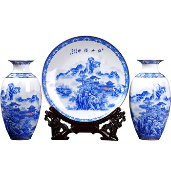 Три части керамических украшений, ваза Цзиндэчжэнь, бытовые украшения, цветочная композиция для гостиной, современный простой офис