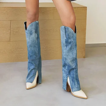 2023 Женские сапоги до колена Качественные Ковбойские сапоги из плотной древесины Женские Длинные сапоги в западном джинсовом стиле Модная обувь
