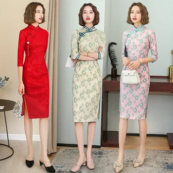 Кружевной Чонсам с рукавами три четверти в традиционном китайском стиле, Новое Улучшенное платье Миди-ципао для молодых девушек на каждый день, Темпераментное