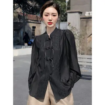 2023, китайская свободная рубашка с длинным рукавом, женская демисезонная блузка нового дизайна, темпераментная блузка в стиле шинуазри, топ со стоячим воротником на пуговицах