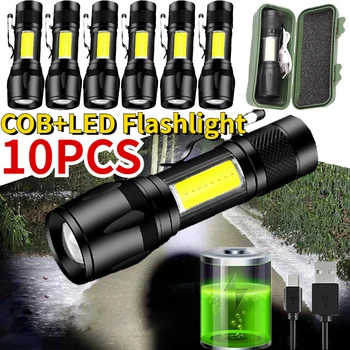 Портативный светодиодный + COB фонарик, МИНИ-фонарик для рыбалки, Масштабируемый фокус, Перезаряжаемый тактический фонарь для кемпинга/пешего туризма, аварийный фонарь