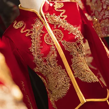 Изысканное Китайское Традиционное свадебное платье Невесты с вышивкой Феникса, одежда Чонсам, Платье Ципао