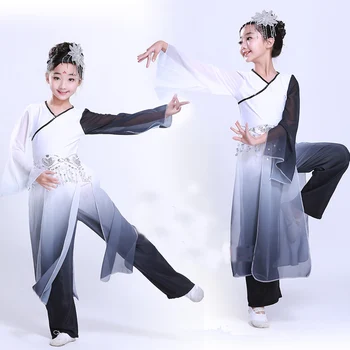 Детские китайские классические Танцевальные костюмы Yangko с чернилами с большим рукавом, одежда для танцев с веером для девочек, Одежда для сценических китайских древних народных танцев 89