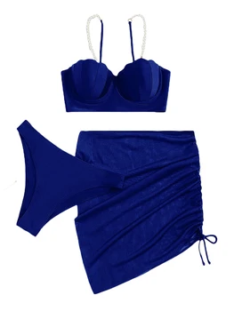 Женский комплект купальников из двух частей, однотонный жемчужный бюстгальтер с трусами и мини-юбка на завязках - Стильная пляжная одежда для