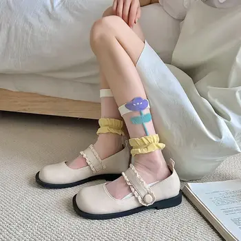 Шелковые носки из Корейского Стекла с цветочным рисунком Тюльпана, Летние Тонкие дышащие Для женщин, Праздничные аксессуары для девочек, французские жаккардовые Чулки