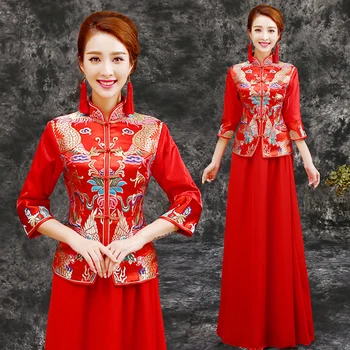 1 компл./лот, женский красный чонсам в китайском стиле, шифоновый атласный комплект ципао, дамасский комплект с вышивкой на половину рукава, чонсам