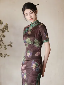 Элегантное Китайское Традиционное Платье Ципао с Цветочным Принтом в стиле Ретро, Улучшенное, С Высоким Разрезом, Современное Женское Сексуальное Китайское Традиционное Платье