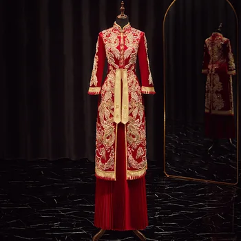 Китайский стиль, Винтажное Свадебное платье Ципао с пайетками Феникса, бисером и вышивкой, Свадебный костюм Чонсам, Восточная одежда невесты
