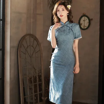Элегантный Улучшенный Синий Длинный Чонсам с высоким Разрезом, Китайский Классический Весенний женский Ципао с коротким рукавом