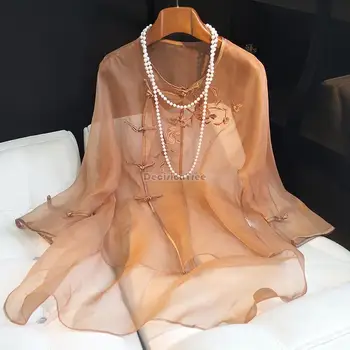 2023 летний винтажный топ из пряжи с вышивкой в китайском стиле, женская прозрачная блузка, свободный стиль, cheongsam qipao, пуговицы g484