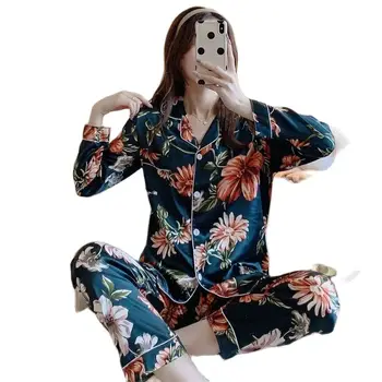 Женские пижамные весенне-летние брюки из ледяного шелка с длинными рукавами, корейская версия модной тонкой домашней одежды большого размера с принтом.