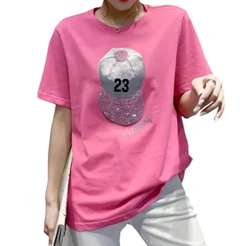 Тонкая летняя женская футболка из чистого хлопка, бейсболка с надписью Harajuku, Футболки с коротким рукавом, Розово-красные топы с Круглым вырезом, женские