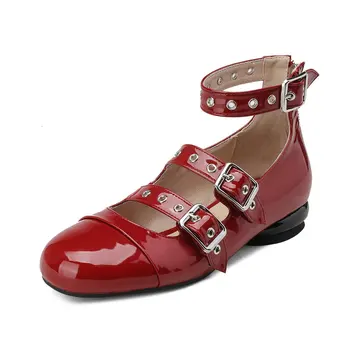 Обувь Принцессы Мэри Джейнс/Обувь для девочек из натуральной кожи в стиле Лолиты на плоской подошве с пряжкой на щиколотке, Размер 34-39, Глянцевая Красно-черная обувь Four Seasons