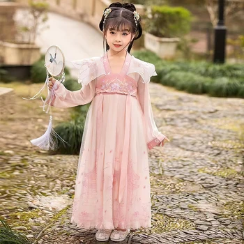 Розовый Длинный Hanfu для девочек, детские платья принцессы для танцев, детская вышивка, Традиционная китайская одежда Hanfu, Шелк Hft065