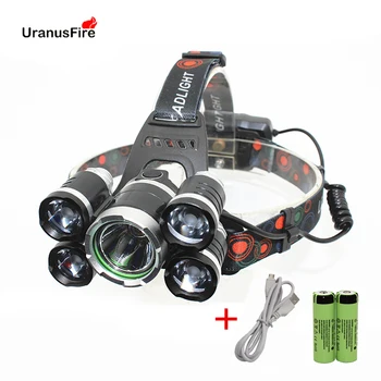 Uranusfire светодиодный налобный фонарь T6, фара с 4 режимами, налобный фонарь, фонарик для кемпинга, рыбалки + батарея 2 * 18650 + USB-кабель
