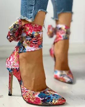 Женские модные босоножки-лодочки с острым носком, вечерние туфли, пикантные повседневные туфли с цветочным принтом на тонком каблуке