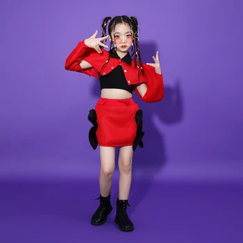 Детская одежда в красном цвете для показа на сцене, подростковая одежда в стиле хип-хоп, Сетчатая укороченная футболка на бретелях, мини-юбка для девочек, одежда для джазовых танцев