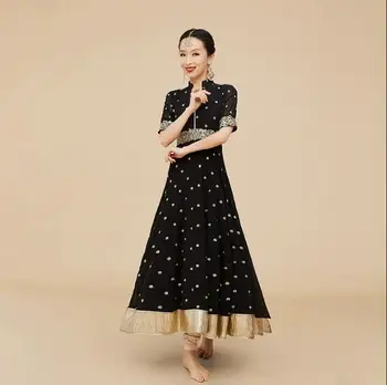 Платье для индийских танцев, Золотое шелковое платье с вышивкой, Женское Летнее Новое платье с V-образным вырезом