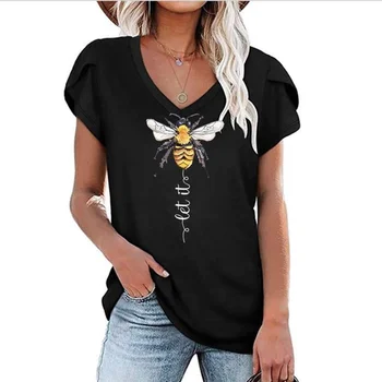 Футболка С принтом в виде пчелы, Женская Летняя футболка с графическим V-образным вырезом, Женская красивая рубашка 2021, Модный Свободный Топ в стиле Харадзюку