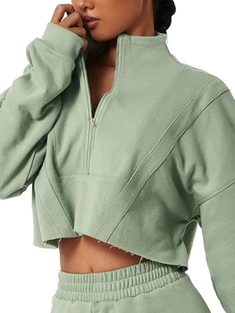 Женские укороченные толстовки Y2K с застежкой-молнией, воротником-стойкой и длинными рукавами - Стильный пуловер свободного покроя