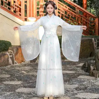 2023 традиционное китайское платье ханфу, женский костюм для народных танцев, восточное платье с цветочной вышивкой, улучшенное шифоновое платье принцессы