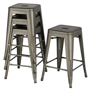 Промышленные Металлические стулья высотой 24 дюйма без спинки, набор из 4 штук, серый цвет оружейного металла