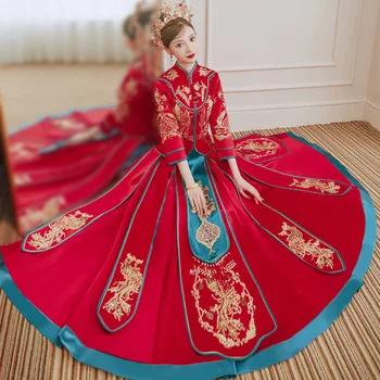 Китайский Традиционный Изысканный Свадебный Костюм Для Пары Чонсам С Вышивкой Бисером и Кисточками, Элегантное Свадебное Платье китайская одежда