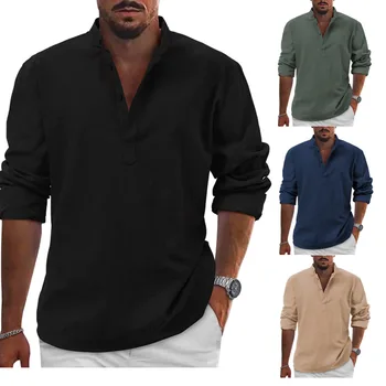2023 новые Хлопчатобумажные Льняные Горячие Продажи Мужских Рубашек с длинными рукавами, Летние Однотонные Рубашки со Стоячим воротником, Повседневный Пляжный Стиль, Плюс Размер