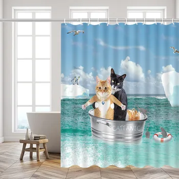 Занавеска для душа с китом и котом, Синяя Морская занавеска для душа с мультяшными животными, Летняя детская ванная комната, водонепроницаемые крючки для штор