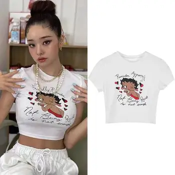 Короткий топ, сексуальная футболка в обтяжку с принтом Любви, короткий рукав, Черный, белый, Корея, Япония