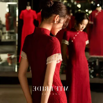 Плюс Размер Китайское Традиционное Сексуальное Платье Для Тостов Чонсам Невесты Современное Осеннее Ретро Красное Свадебное Платье Для Помолвки Qipao