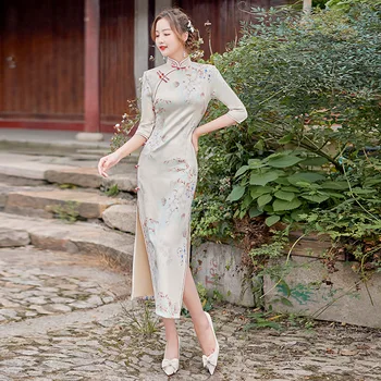 Винтажное Элегантное Модное Ципао В Китайском Стиле С Открытыми Пуговицами Сбоку, Приталенное Длинное Атласное Платье Чонсам, Сексуальное Традиционное ретро-Платье