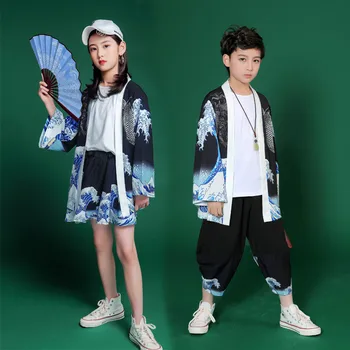Традиционное Японское Кимоно для мальчиков и девочек, Кардиган, брюки, Винтажный Волнистый принт, Летний короткий рукав, Хаори, детская повседневная Свободная Уличная одежда