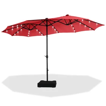 15-футовый двухсторонний солнечный зонт для патио с основанием, Большой настольный зонт для улицы с кривошипной ручкой и 36 шт светодиодных ламп, красный