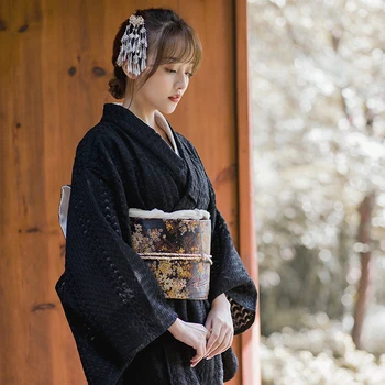 Японские Черные Кружевные Винтажные платья Ваби-саби Юката Улучшенное Кимоно Для Фотосъемки, Одежда для путешествий