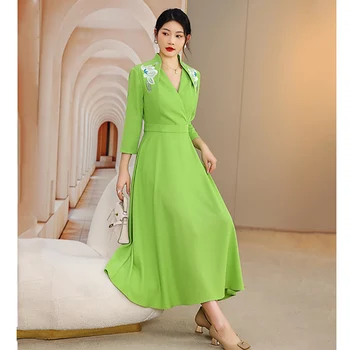 Лето 2023, Новый китайский стиль, V-образный вырез, изысканная вышивка пиона, рукав три четверти, Элегантное тонкое женское платье S-3XL