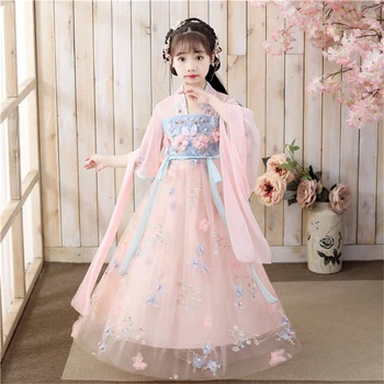 2021 Розовое Народное платье Ханфу с аппликацией, Традиционный Косплей Для девочек, Детское платье принцессы Ханфу, танцевальный костюм в древнекитайском стиле