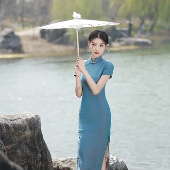 Yourqipao Летнее синее Ципао с высоким разрезом, Сексуальный жаккардовый Ципао для банкета, Модная фотография, вечернее платье в китайском стиле, Ципао для женщин