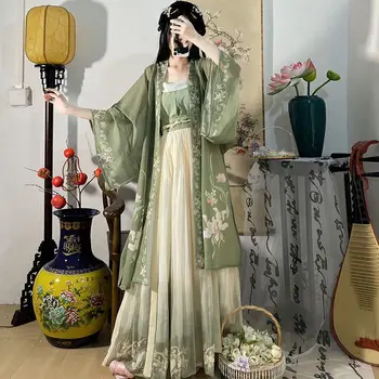 Китайское платье Hanfu, комплект из 3 шт., Чайно-Зеленое Струящееся платье Макси, Китайское Древнее женское платье с вышивкой, костюм для съемок на Выпускной