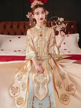 Свадебный набор с вышивкой из золотистых блесток цвета шампанского, Одежда для тостов для Жениха, Винтажное свадебное платье Cheongsam