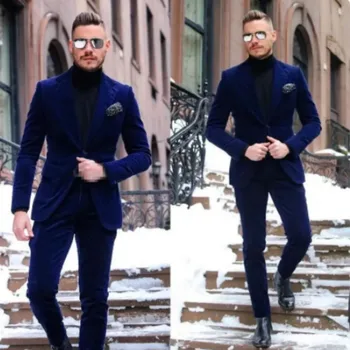 Темно-синий Бархатный мужской костюм на одну пуговицу с лацканами для выпускного вечера, Красивый Свадебный Смокинг, Мужское пальто из двух частей, Куртка, Брюки 2023
