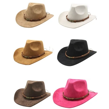 Дышащая ковбойская шляпа для женщин и мужчин, фетровая ковбойская шляпа с веревкой для шляпы в этническом стиле