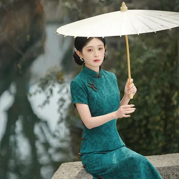 Лето 2023 Нежный Элегантный Зеленый Цветочный Длинный Чонсам в китайском традиционном стиле, Винтажное вечернее платье, Улучшенное Ципао для женщин